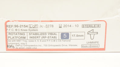DePuy 96-2154 Rotating Platform Stabilized Tibial Insert Size 5, 17.5mm (x)